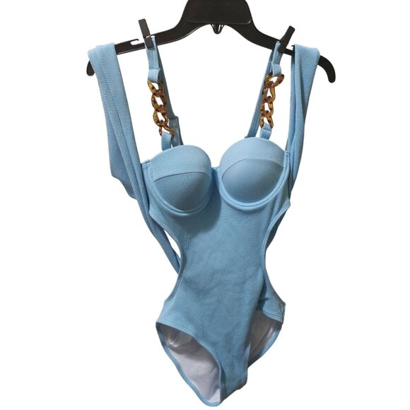 NWT Commense Light Blue Ribbed Cutout One-Piece~Swimsuit~Chain Straps~Tie Waist - Picture 5 of 7